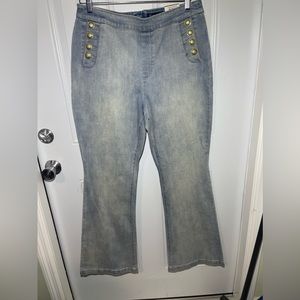 INC International Concepts Light Wash Flared Jeans with Gold Buttons